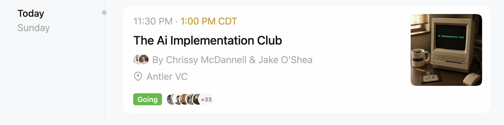 luma.com/home showing an event where the user's status is Going with the attendee count badge