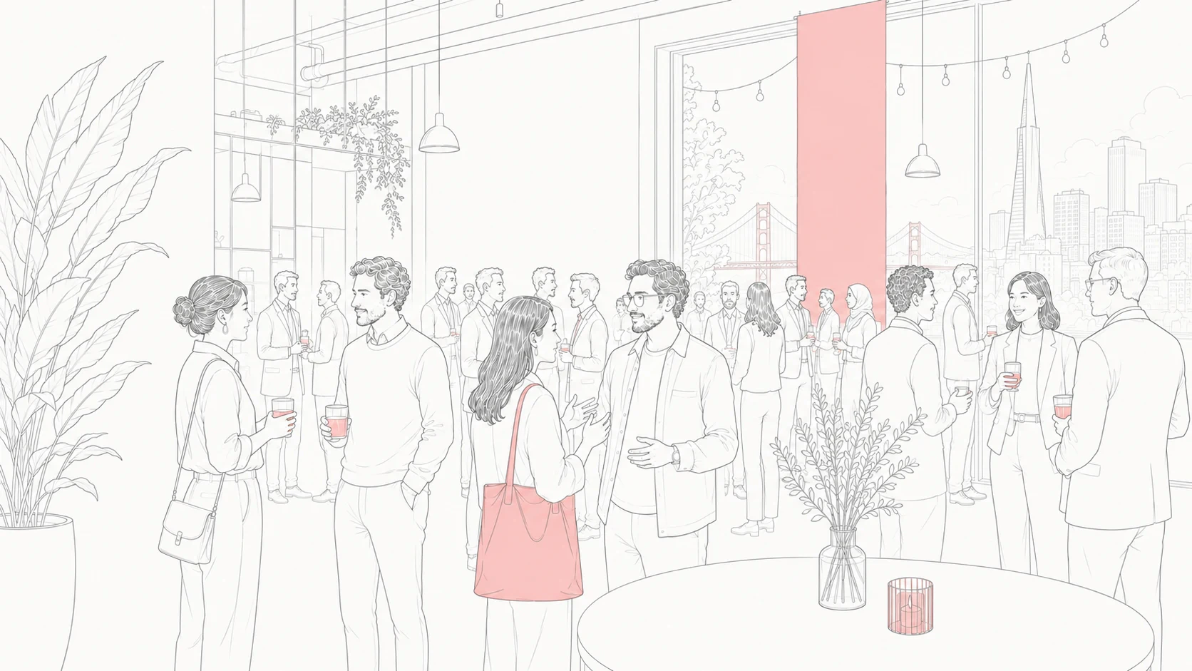 Painterly illustration of a crowded Luma event venue with five people highlighted in the room.